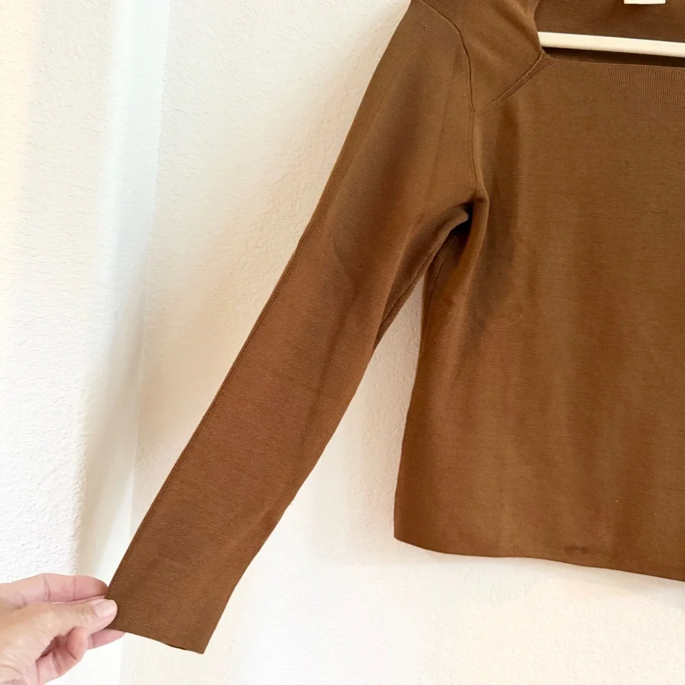 Coldwater Creek Womens Small Brown‎ Silk Blend Square Neck Long Sleeve Sweater